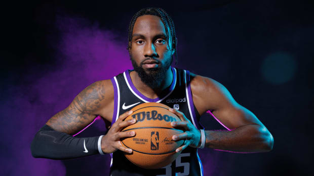 Oct 2, 2023; Sacramento, CA, USA; Sacramento Kings guard Jaylen Nowell (35) poses for a photo during media day at Golden 1 Center. Mandatory Credit: Sergio Estrada-USA TODAY Sports